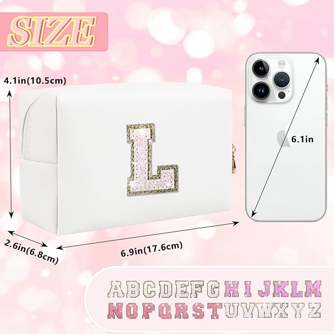 Initial Letter Patch Makeup Bag, Small Preppy A-Z Glitter Letter Cosmetic Bag, PU Leather Waterproof Travel Toiletry Bag, Cute Make Up Pouch Personalized Monogrammed Gift for Women Teen Girls