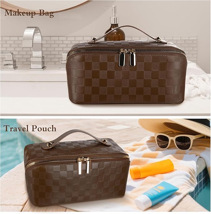 Abiudeng Travel Makeup Bag,Large Capacity Toiletry Bag Cosmetic Bags for Travel Essentials,Waterproof Portable Pouch Open Flat Makeup bag Organizer with Divider and Handle(Checkered-Brown)