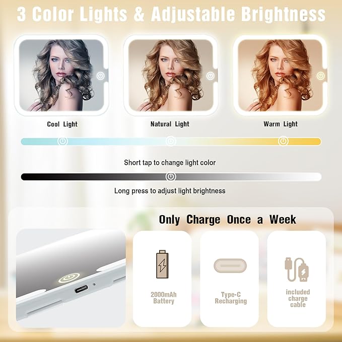 Makeup Bag with Mirror and Light, Travel Makeup Train Case with LED Lighted Removable Mirror, Portable Cosmetic Organizer Make up Bag with 3 Colors Dimming Light, Adjustable Dividers & Brush Board