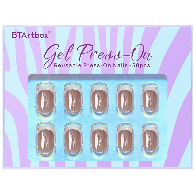 BTArtbox Press On Nails Short Square - White Chrome French Tip, Glazed Glue On, Natural Stick On in 15 Sizes - 30 Fake Nails Kit, Wheat