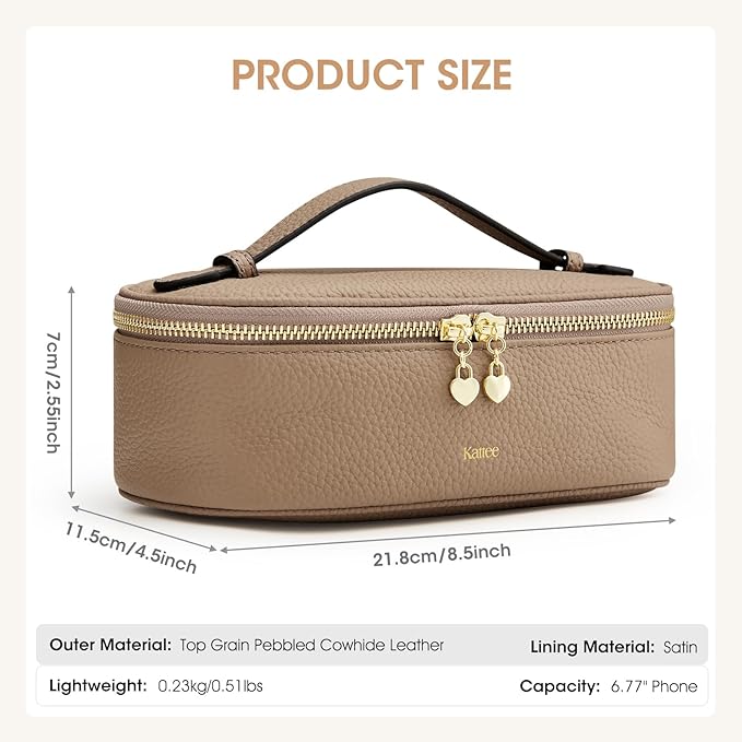 Kattee Makeup Bag for Women, Leather Cosmetic Bag, Working Makeup Bags for Ladies with Handles, Portable Travel Toiletry Bag,Apricot