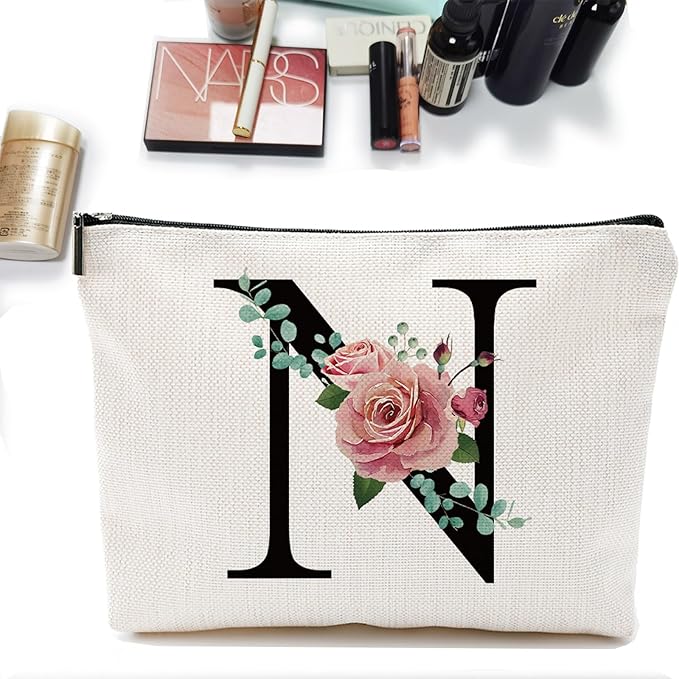 Initial A-Z Personalized Letter Makeup Bag, Monogrammed Bridesmaid Gifts/Presents Cosmetic Bag, Portable Stationery Storage Organizer Pouch, Friendship Love Travel Makeup Bags