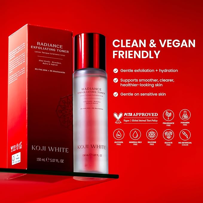 Koji White Exfoliating Toner for Face with 5% PHA BHA Toner, 2% Niacinamide, Kojic Acid & Hyaluronic Acid | Hydrating & Soothing Facial Toner | Unscented, Sensitive, Vegan, 150ml (5.07 Fl Oz)