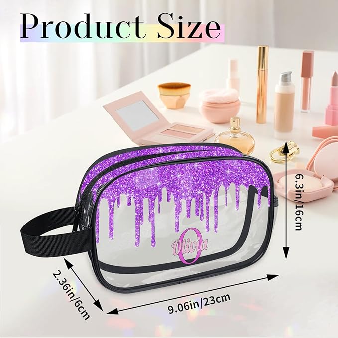 Personalized Name Clear Toiletry Bag, Large Travel PVC Cosmetic Bag Portable Makeup Organizer Bag for Women Bathroom Shower Essentials, Dark Voilet Purple Fluid Shape Glittering
