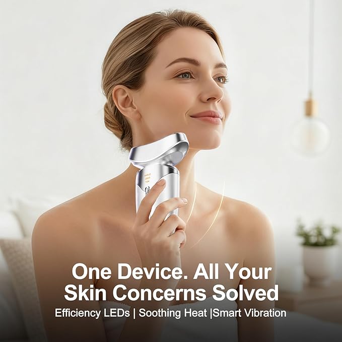 Red Light Beauty Device for Face and Neck, Based on High-end Red and Blue LED Light, Facial Cold and Hot, Vibration Technology, 3 Color Led Face and Neck Beauty Device for Home Use, Pearly White
