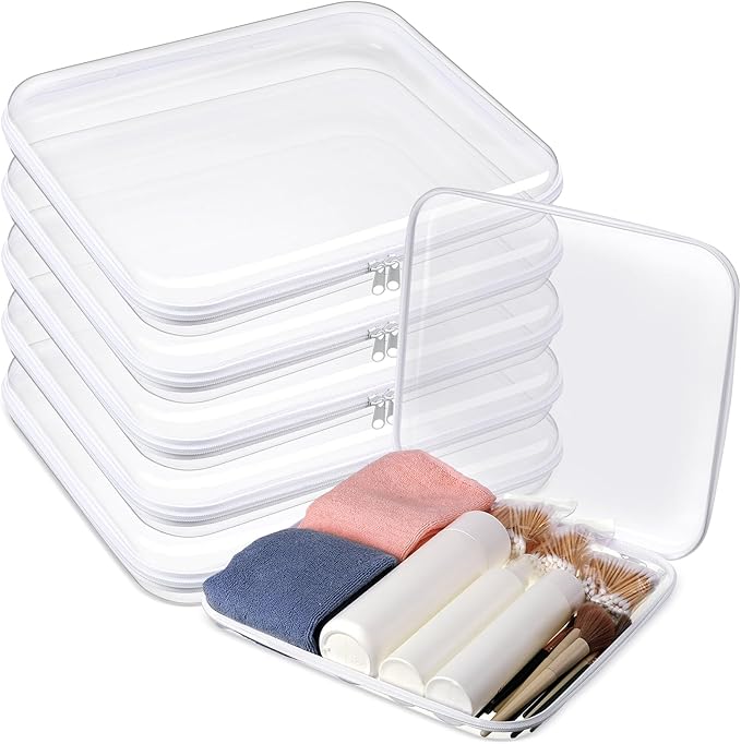 Sanwuta 6 Pcs Clear Hard Zipper Case Hard Plastic Zipper Pouches Makeup Bag Pencil Pouches Transparent Cases for Snacks Plastic Storage Organizer Box for Travel(White,13.78 x 11.81 x 2 Inch)