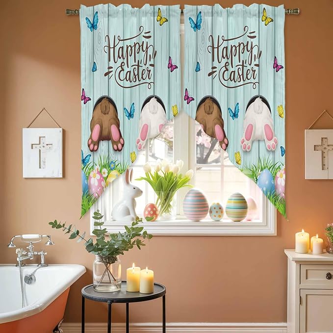 Swag Curtain Valances for Kitchen Windows, Happy Easter Bunny Butt Egg Floral - Image 4