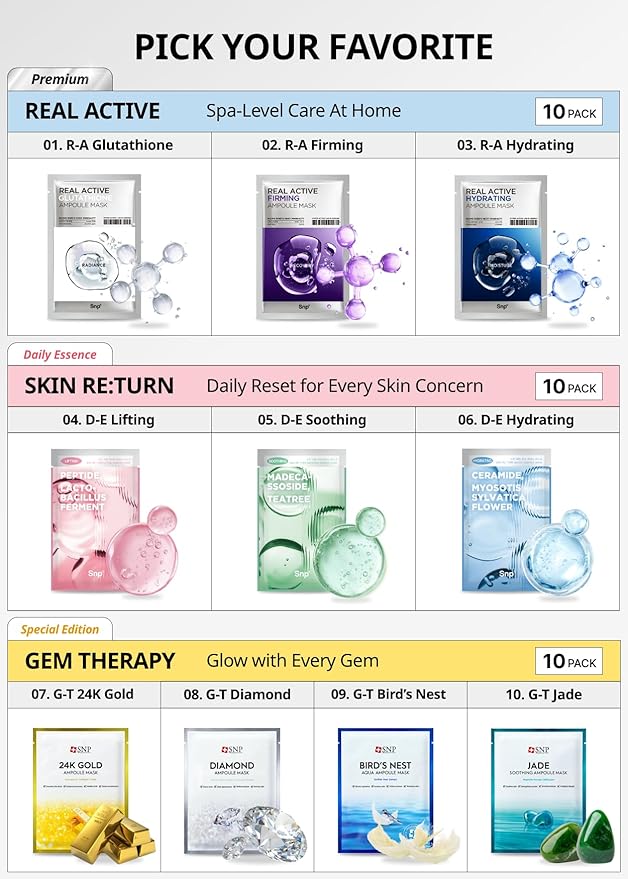 SNP 1000mg Collagen + 24K Gold Ampoule Sheet Mask | Collagen Face Masks Skincare | Tightening, Hydrating, and Nourishing | Korean Skin Care | Overnight Face Masks | Moisturizing Face Mask | 10 Sheets