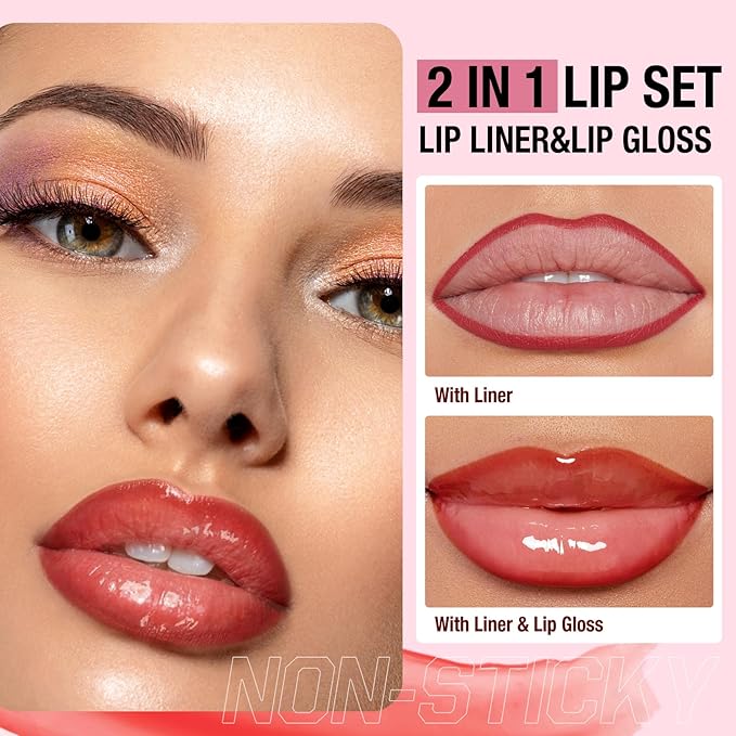 Jolilab Matte Lip Liner Lip Oil Set, Lip Makeup Set Natural Smooth Long-Lasting And Hydrating Beauty Daily Cosmetics Gift for Girls Easy-to-Use(8pcs)