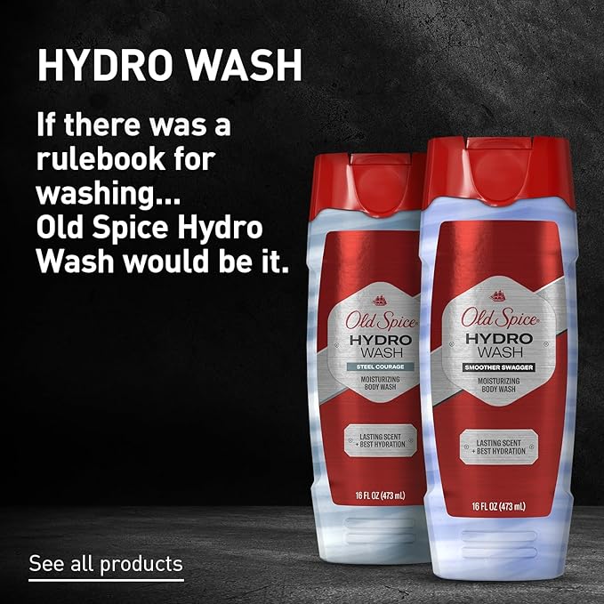 Old Spice Moisturizing Body Wash for Men, Hydro Wash, 2-in-1 Long Lasting Scent & Deep Hydration, 24/7 Shower Fresh, Smoother Swagger Scent, 16 oz (Pack of 4)