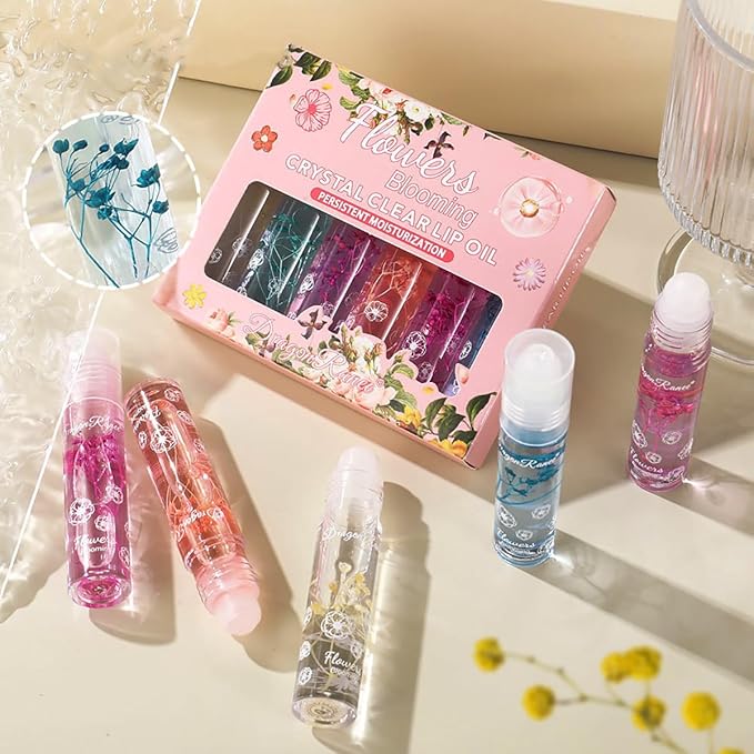 Girls Roll On Lip Gloss Set with Case, 6 Pcs Glossy Lip Make up for Kids and Teens Fruity Flavors, Kid Friendly, Party Gift, Best Friends (Pink-6)