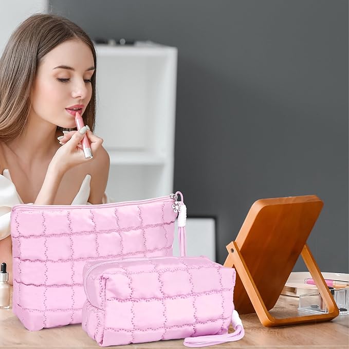 Richeart Makeup Bag Travel Toiletry Bag - Checkered Down Cotton Makeup Pouch for Women with Cosmetic and Pencil, Aesthetic Pink Design, Small