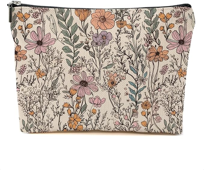 Secret Santa Gifts Vintage Wildflowers Makeup Bag Floral Garden Flower Cosmetic Bag Friend Friendship Gifts for Women Girls Sister Coworker Botanical Zipper Pouch Christmas Thanksgiving Birthday Gift