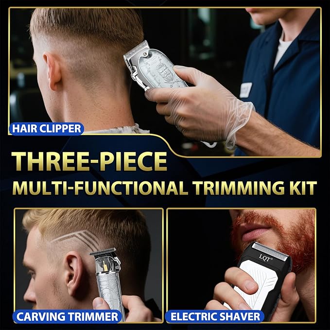 Professional Silver Hair Clippers for Men Cordless Barber Kit with Trimmer, Stainless Steel Blades, Adjustable Lever, LED Display, Type-C Charging Grooming Set Gifts,Ideal for Home Baber & Travel