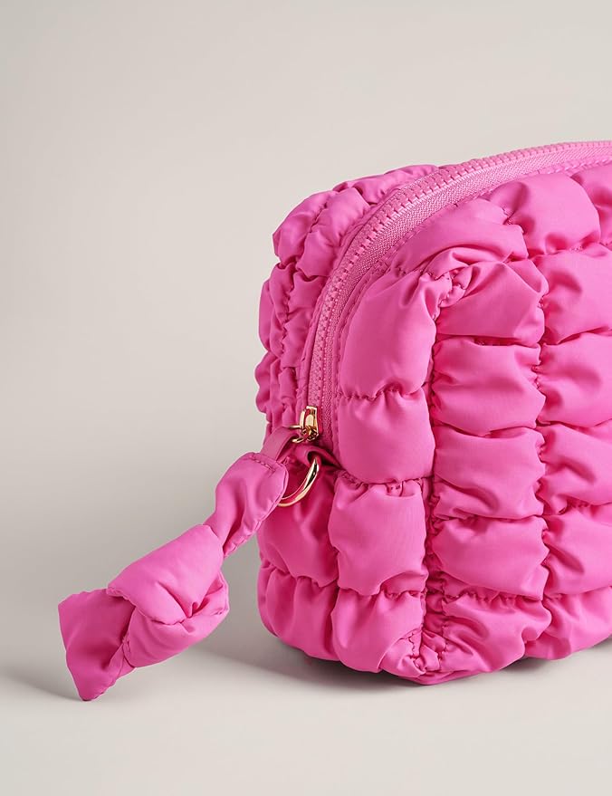 Yarnic Quilted Makeup Bag Cosmetic Bag, Travel Toiletry Bag for Women, Cute Makeup Bag Organizer Hot Pink Puffer Makeup Pouch (M, Hot Pink)
