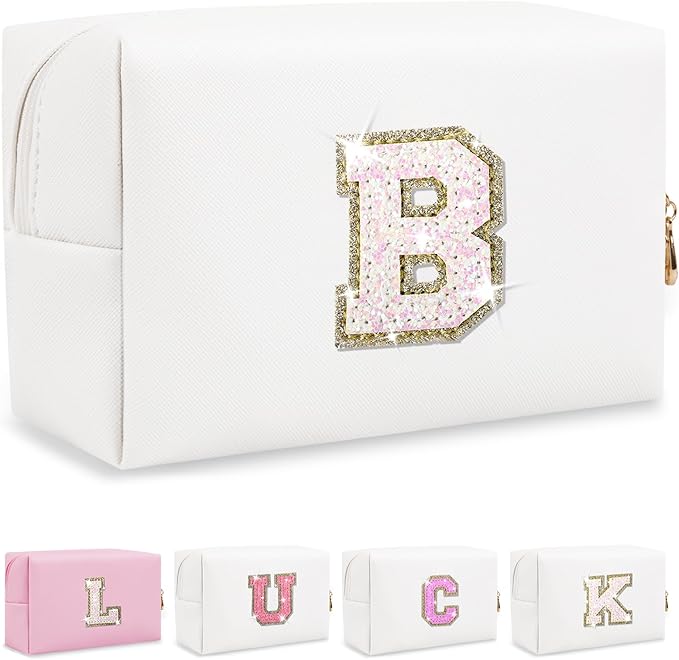 Personalized Initial Letter Makeup Bag, Preppy Glitter Letter Patch Cosmetic Pouch Zipper,PU Waterproof Travel Toiletry Bag Cute Makeup Organizer Monogrammed Make Up Bag,Gift for Women Girls(Letter B)