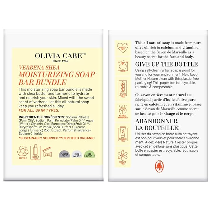 Olivia Care Moisturizing Bar Soap Pack by 100% Natural & Organic Infused with Verbena, Shea Butter & Turmeric Deep Clean, Refreshing, Moisturizing & Hydrating Verbena Shea (Pack of 3)