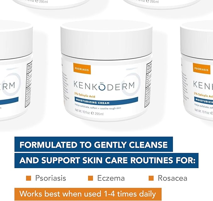 Kenkoderm Psoriasis Cream - Natural Moisturizing Face & Body Lotion with 2 Percent Salicylic Acid - Renewing Topical Formula for Dry & Sensitive Skin, Fragrance & Color Free, 10 oz., 1 Jar