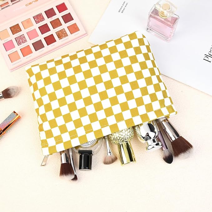 SOIDRAM 2 Pcs Checkered Makeup Bag Large Cosmetic Bag Toiletry Bag Makeup Pouch Travel Bag Organizer Cute Makeup Brushes Aesthetic Accessories Storage Bag for Women Golden Yellow