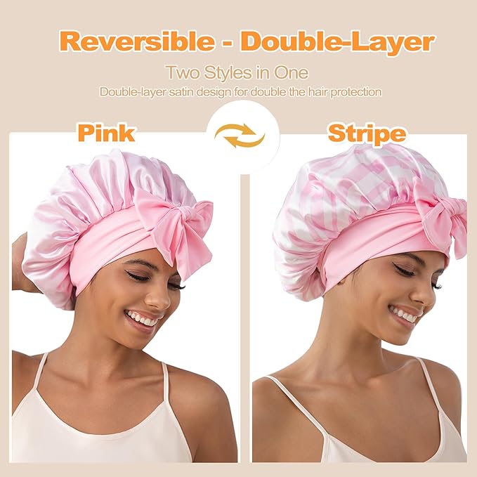 GDTOGRT Satin Silk Bonnet for Sleeping Women - Double Layer Sleep Hair Bonnets Caps for Curly Braid Hair with Tie Band