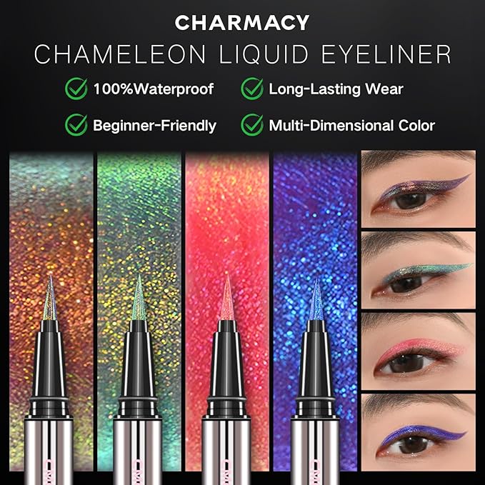 CHARMACY New Chameleon Liquid Eyeliner, Liquid Glitter Eyeliner, Highly Pigmented, Metallic MultiColor Shifting waterproof Eyeliner, Ultra-Fine Tip, Longwearing, Smudge-proof (A01 Blush Aurora)