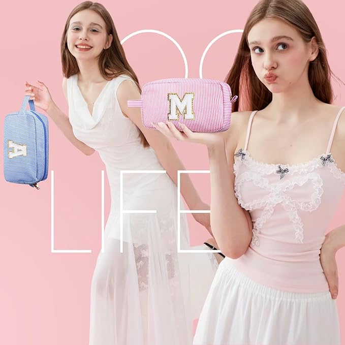 YOOLIFE Birthday Gifts for Women Teen Girls Daughter Sister Friend, Initial Makeup Bag Toiletry Bag Cosmetic Bag, Pink A