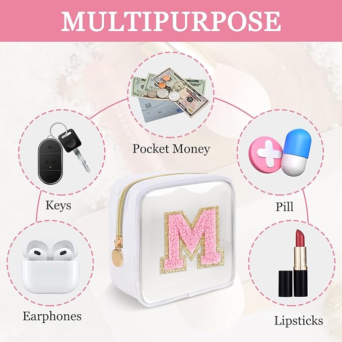 Mini Clear Personalized Initial Makeup Bag,Nylon Preppy A-Z Chenille Letter Patch Zipper Cosmetic Bag, Small Cute Beach Pouch Travel Purse Sanitary Napkin Storage Bag for Women Girls(White-Pink M)