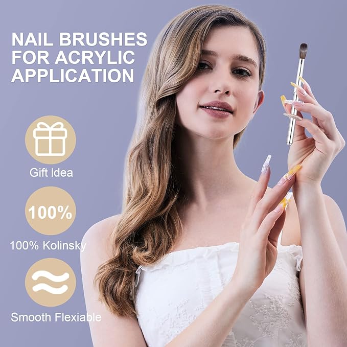 Acrylic Nail Art Brush Size 10, 100% Pure Kolinsky Hair Oval Nail Brush for Acrylic Application, Professional Nail Extension Manicure Tool Striping Nail Drawing Pen for DIY Home Salon