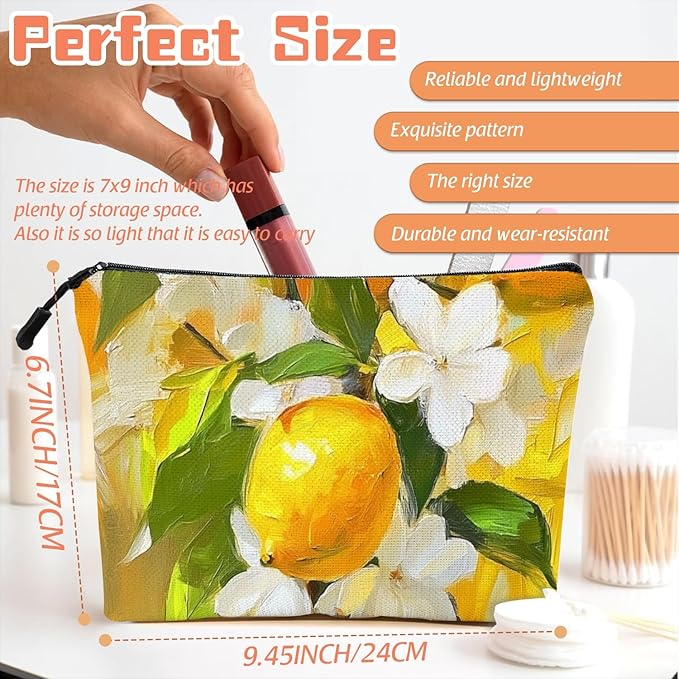 Cosmetic Bags Travel Makeup Toilet Case Waterproof Pouch for Women Girls 6.7X9.45inches - Oil Painting of Lemons And White Flowers