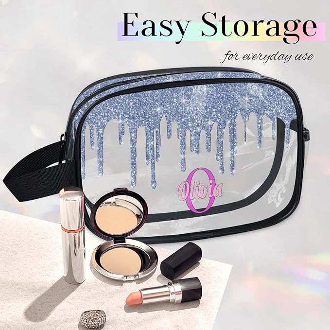Custom Travel Clear Cosmetic Bag with Name, Personalized Large Capacity Weekend PVC Transparent Toiletry Bag Portable Bathroom Makeup Organizer, Grey Blue Water Fluid Shape Glittering