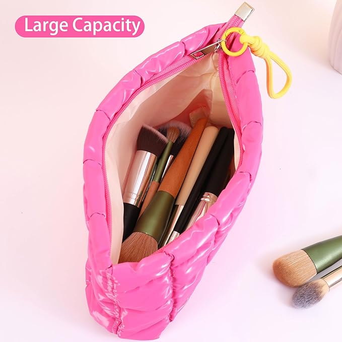 Puffer Quilted Makeup Bag Travel Cosmetic Bag Portable Puffy Checkered Toiletry Pouch Skincare Organizer Purse Pencil Case (Light Blue)