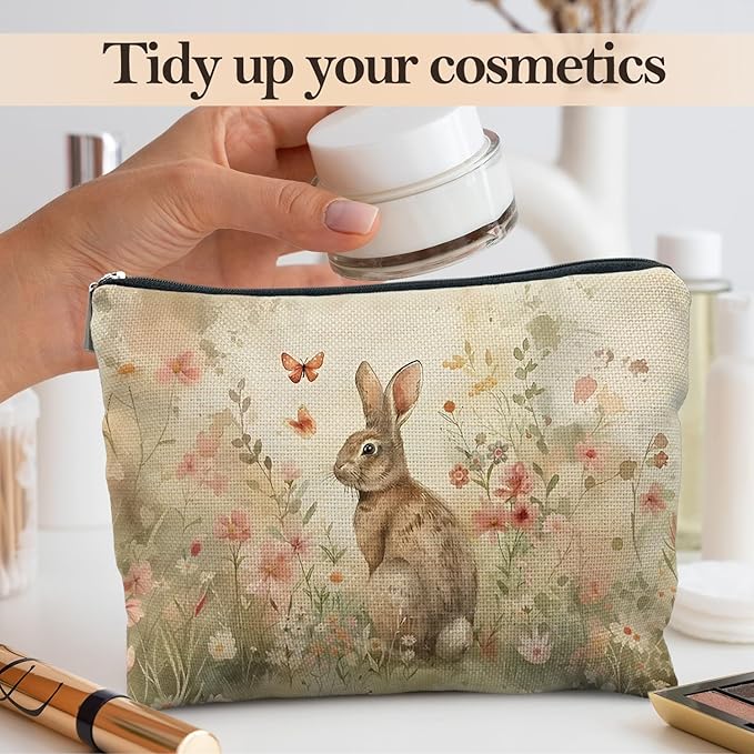 Floral Bunny Makeup Bag, Bunny Gifts for Women, Vintage Wildflower Rabbit Cosmetic Bags for Women, Rabbit Lover Gifts, Cute Animal Zipper Makeup Pouch