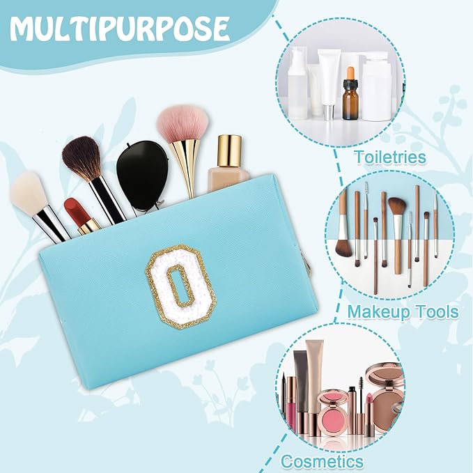 Small Initial Preppy Patch Makeup Bag, Personalized Blue Cute Cosmetic Zipper Pouch Toiletry Bags for Traveling, Waterproof Chenille Letter Make Up Storage Travel Essentials for Women Female(Letter O)
