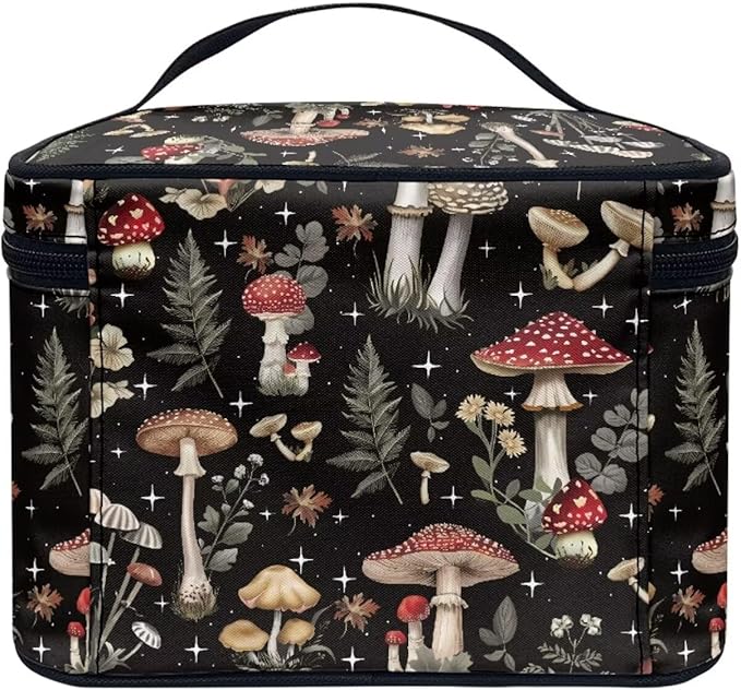 JoyLamoria Bronwn Mushroom Print Travel Makeup Bag Cute Mushroom Brush Bag Toiletry Bag for Women