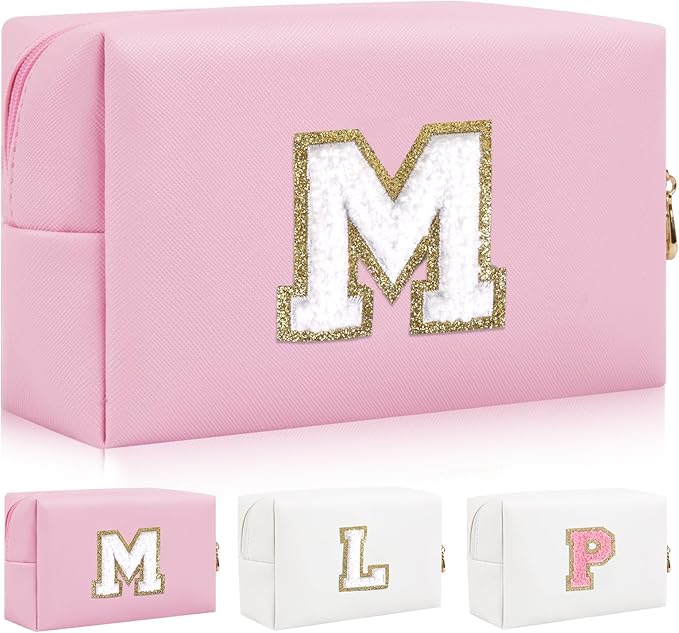 Iqimott Personalized Initial Letter Patch Makeup Bag, Preppy Portable Chenille Letter Cosmetic Bag with Zipper, PU Leather Waterproof Travel Toiletry Bag Monogram Make Up Pouch Girls(Letter M)