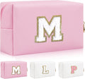 Iqimott Personalized Initial Letter Patch Makeup Bag, Preppy Portable Chenille Letter Cosmetic Bag with Zipper, PU Leather Waterproof Travel Toiletry Bag Monogram Make Up Pouch Girls(Letter M)