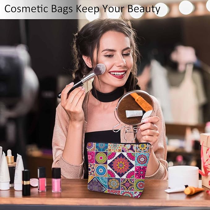 Women Makeup Organizer Bag Mandala Floral, Colorful Ethnic Mandala Flower Patchwork Flax Cosmetic Bag Makeup Bags Toiletry Bag Accessories Organizer Travel Bags For Home Bathroom Office Hotel