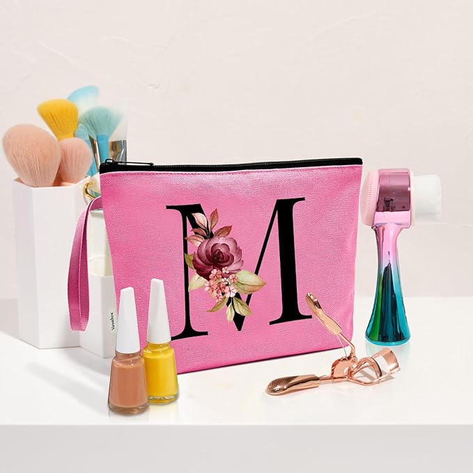 Vavabox A-Z Personalized Makeup Bag, Birthday Gifts for Women Mom, Gifts for Best Friend, Bride Bridesmaid Cosmetic bag (M, Peach)