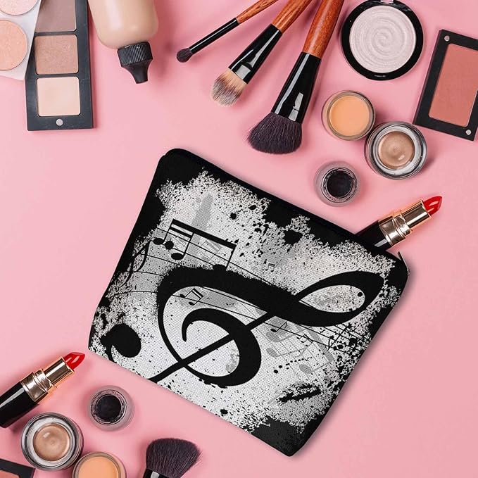 Music Notes Makeup Organizer Bag Cosmetic Bag For Men Women, Grunge Musical Notes Melody Black Travel Toiletry Bag Flax Makeup Bags Purse Business Makeup Pouch For Toiletries Cosmetics