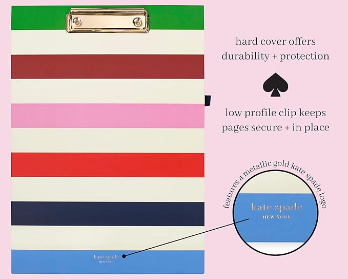 kate spade new york Clipboard Folio with Low Profile Clip, Professional Padfolio Includes Lined Notepad, Pen Loop, and Pocket, Adventure Stripe (237048)