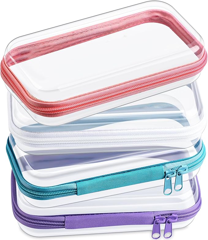 Hoolerry 4 Pcs Hard Clear Zipper Case Makeup Bags Plastic Pencil Pouch Transparent Storage Box Containers for Cosmetics, Snacks, Building Blocks, Puzzles(Multicolor,7.5 x 3.9 x 2 in)