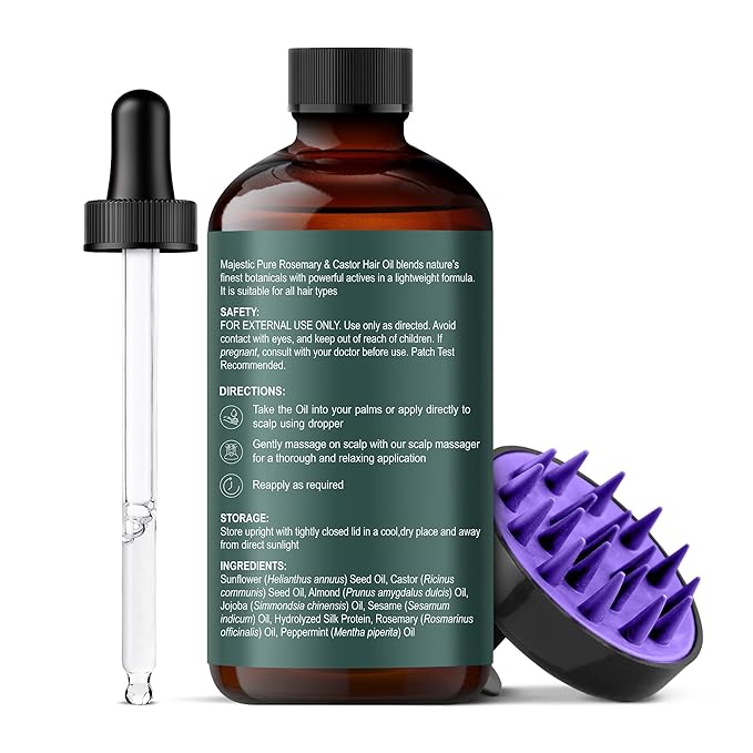 Majestic Pure 100% Pure Rosemary Oil For Hair Growth with Scalp Massager - Strengthening, Nourishing, Volumizing - Infused with Silk Protein & Castor Oil - Non GMO Verified - 4 Fl Oz