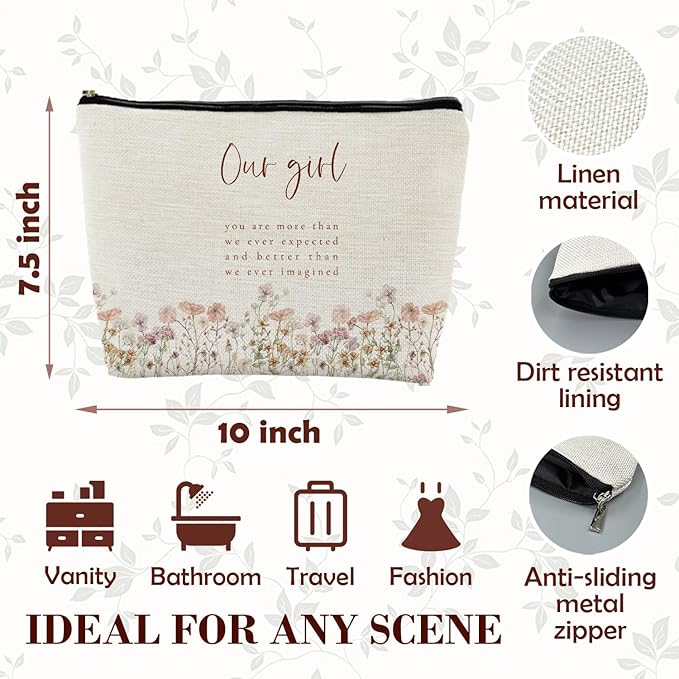 Boho Floral Girl Makeup Bag for Purse, Inspirational Wildflower Cosmetic Bag Travel Toiletry Bag for Women, Pink Flower Zipper Makeup Pouch