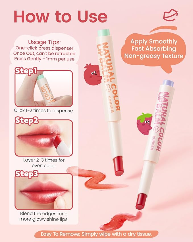 RUNBEN Kids Tinted Lip Balm, Pomegranate -Scented Lipstick, 24H Moisturizing, Safe & Non-toxic Lip Gloss for Kids & Teen, Christmas Makeup Gift for Girls, 2g