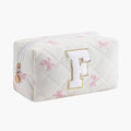 Gleyemor Personalized Initial Makeup Bag for Women, Cute Quilted Pink Floral Cotton Cosmetic Bag, Christmas Gifts for Her Mom Friend Sister Bridesmaid Teacher Women F