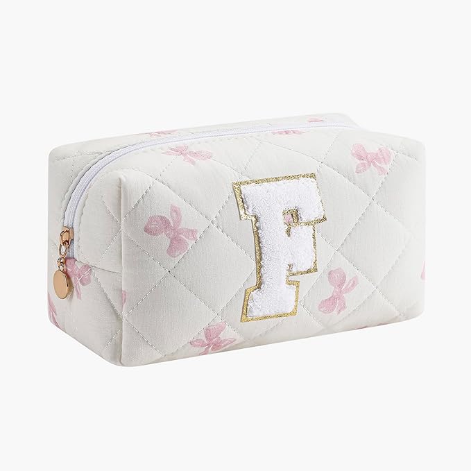 Gleyemor Personalized Initial Makeup Bag for Women, Cute Quilted Pink Floral Cotton Cosmetic Bag, Christmas Gifts for Her Mom Friend Sister Bridesmaid Teacher Women F
