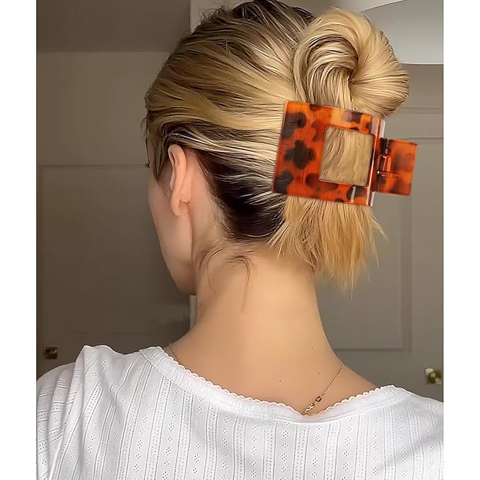 Velscrun Flat Hair Clips for Women Girls, Amber Tortoise Color Lay Flat Claw Clips, Strong Hold Large Hair Clip for Thick Hair, French Duck Billed Hair Jaw Claw Clip, Non Slip Grip for Daily Styling