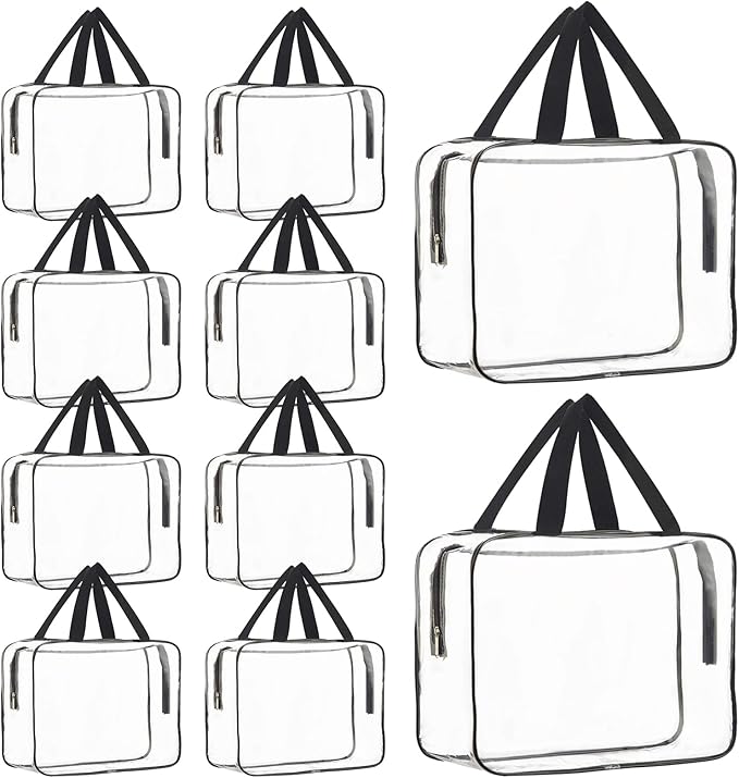 10 Pack Large Clear Makeup Cosmetic Organizer Bag with Handle PVC Plastic Toiletry Pouches with Zipper Transparent Makeup Bag, Plastic Tote Bags for Beach, Traveling