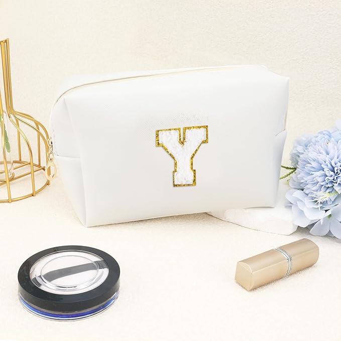 Gifts for Girls Initial Makeup Bag Personalized Cosmetic Bag with Zipper Cute Travel Toiletry Bags Waterproof PU Preppy Makeup Pouch Birthday Gift for Teen Girls Women(White Y)