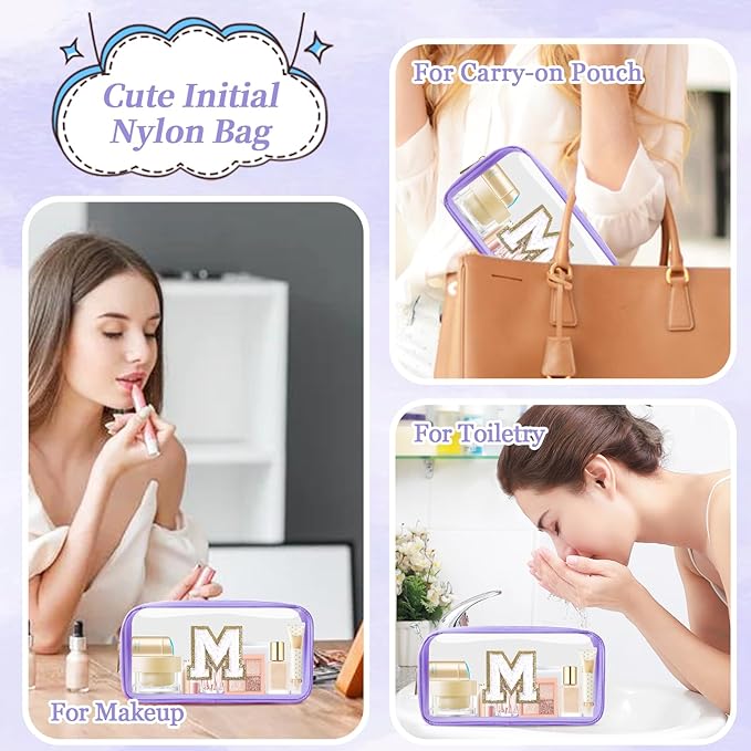 Small Clear Personalized Initial Makeup Bag,Nylon Preppy A-Z Chenille Letter Patch Cosmetic Pouch Beach Toiletry Bag,Waterproof Zip Travel Purse Storage Bag Organizer for Women Girls(Purple-White M)